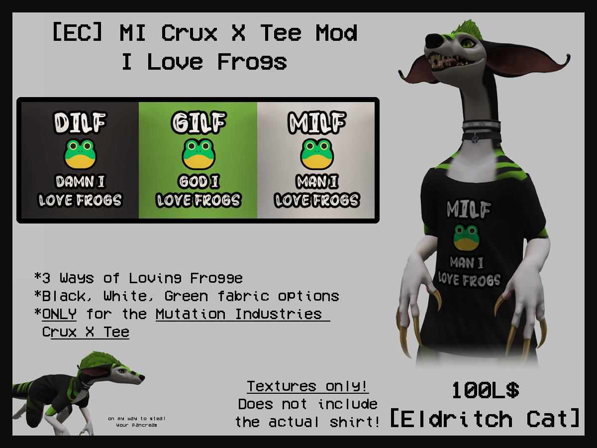 Poster for the "Man I Love Frogs" pack, showing 3 text options and 3 color options